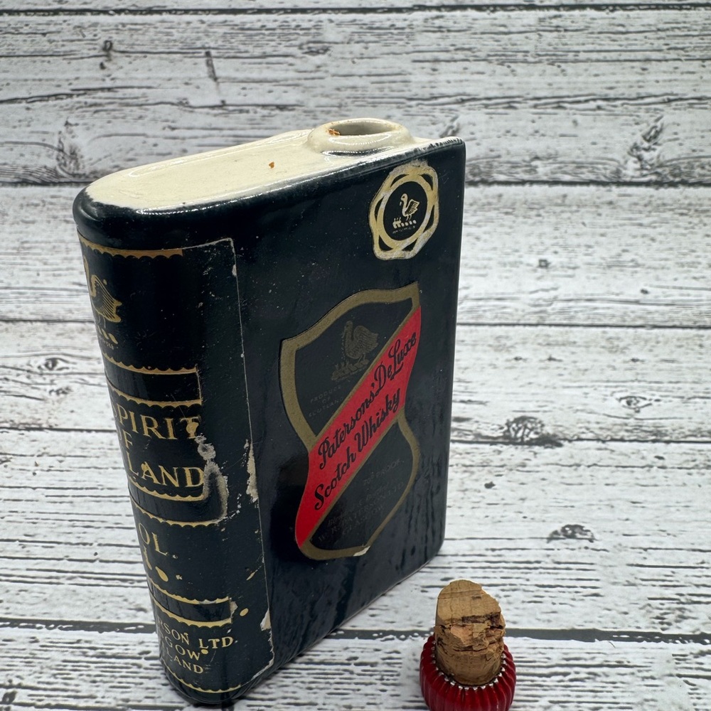 Vintage Patersons Deluxe Scotch Whiskey Ceramic Flask Bookcase Style
